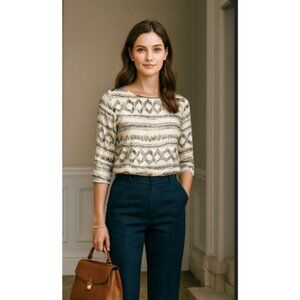 Jigsaw 100% Silk Preppy British Luxury Old Money Boho Geometric 3/4 Sleeve Large